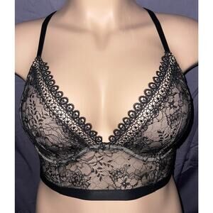 32D BLACK & TAN LACE VICTORIA'S SECRET UNLINED PLUNGE LONGLINE BRA